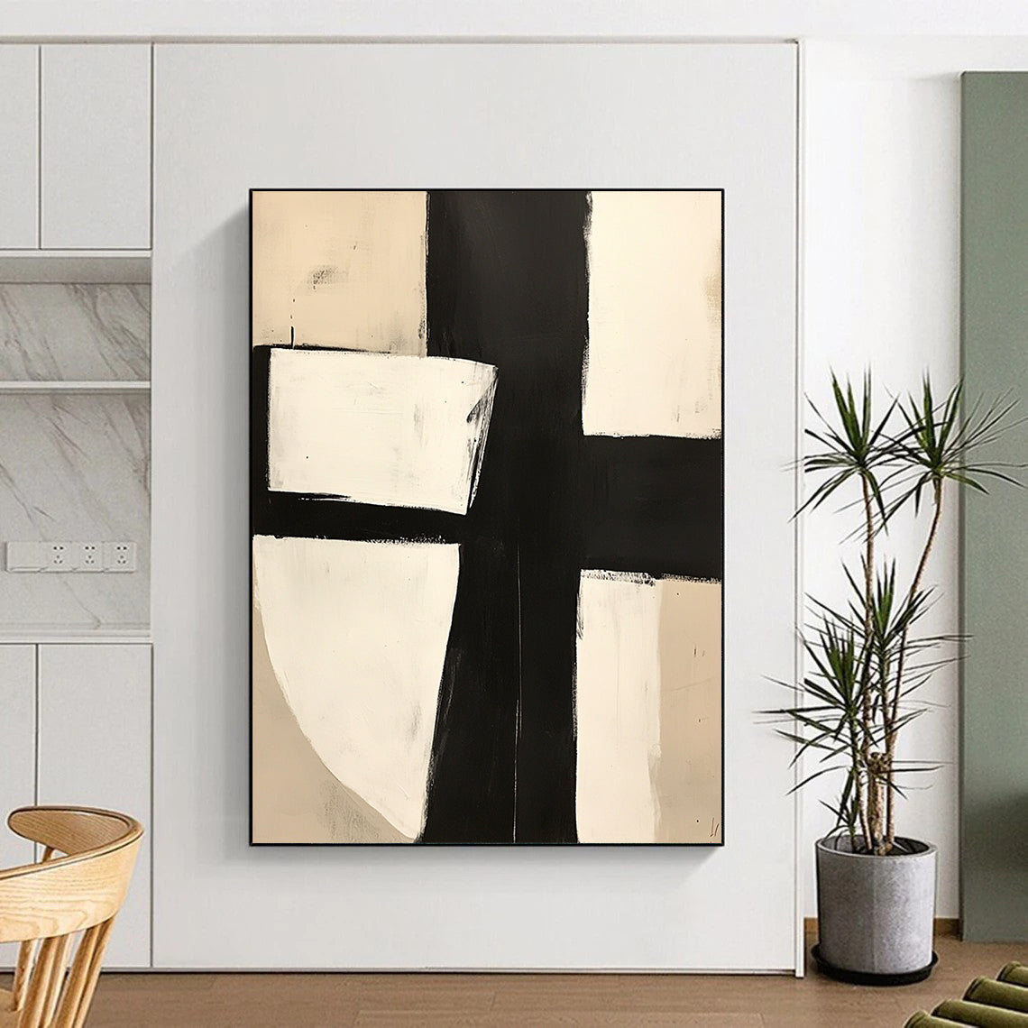 Contemporary hand-painted abstract art featuring bold black and white blocks minimalistic design with a central square and X motif. DLZ0508