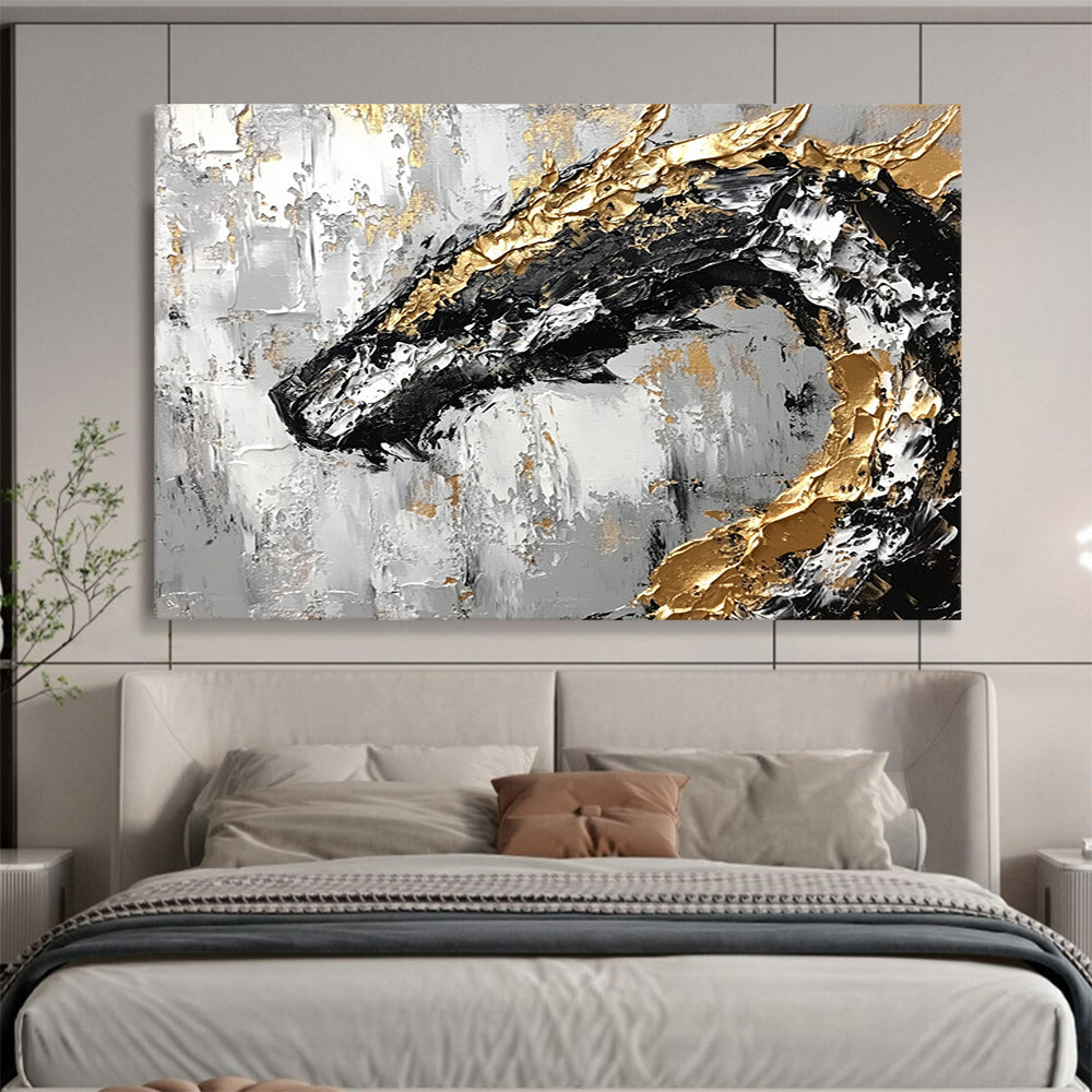“Golden Dragon on Textured Gray” - Gray, Gold, Black, White, Abstract Textured Dragon Painting On Canvas HB1093