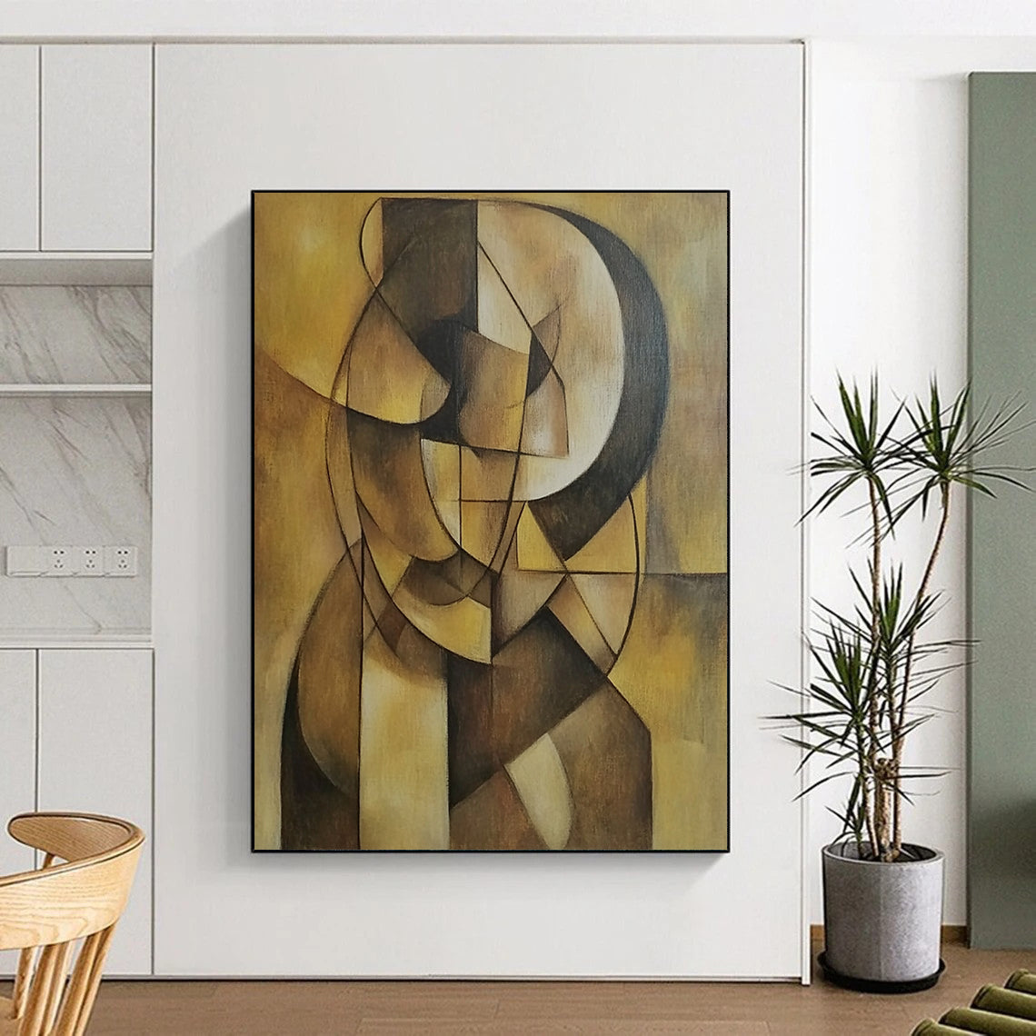 Contemporary hand-painted abstract artwork featuring geometric shapes and earthy tones on a muted yellow background, emphasizing depth and simplicity. DLZ1238