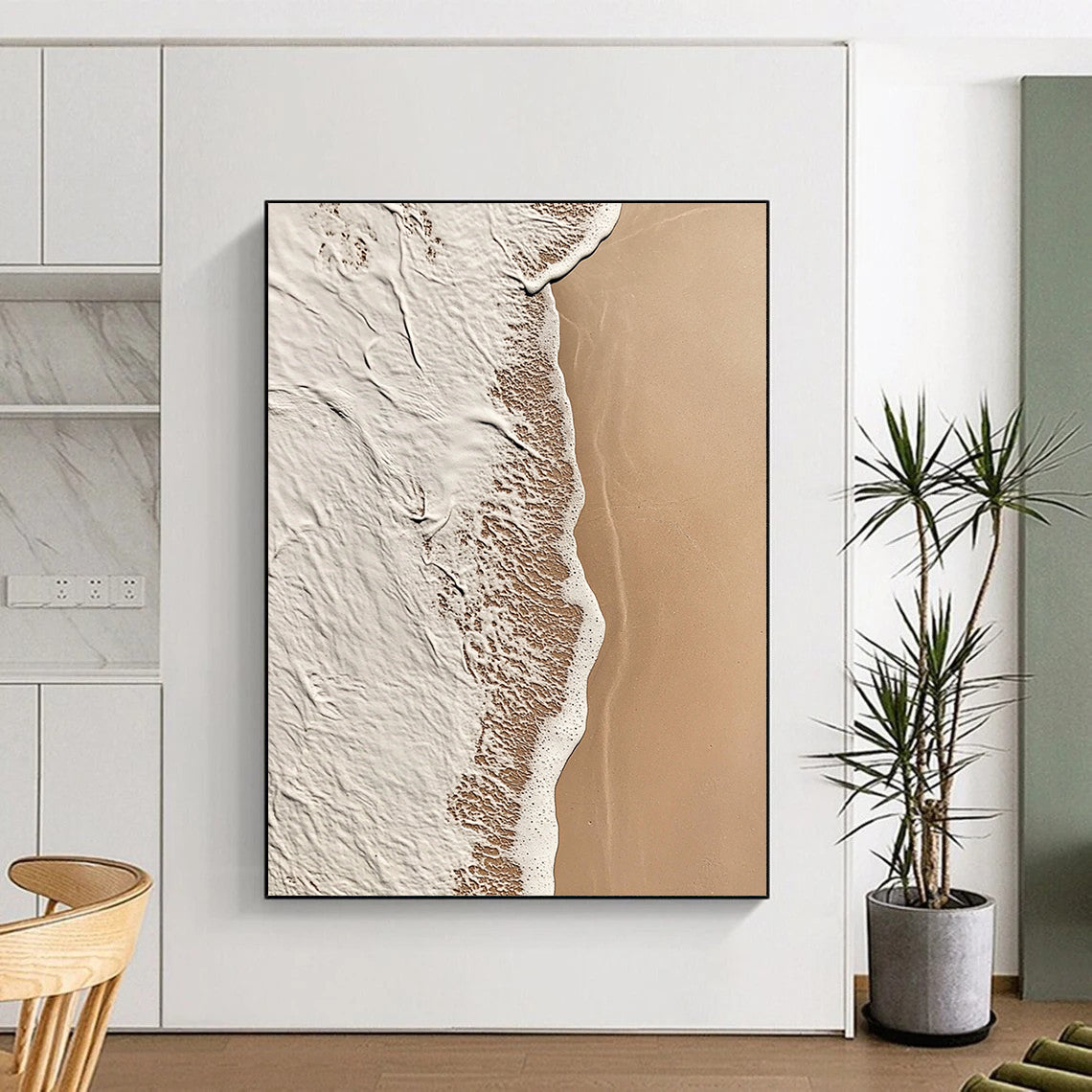 Contemporary abstract art showcasing intricate beige and white patterns blending with solid brown, evoking calmness and natural tranquility. DLZ1182