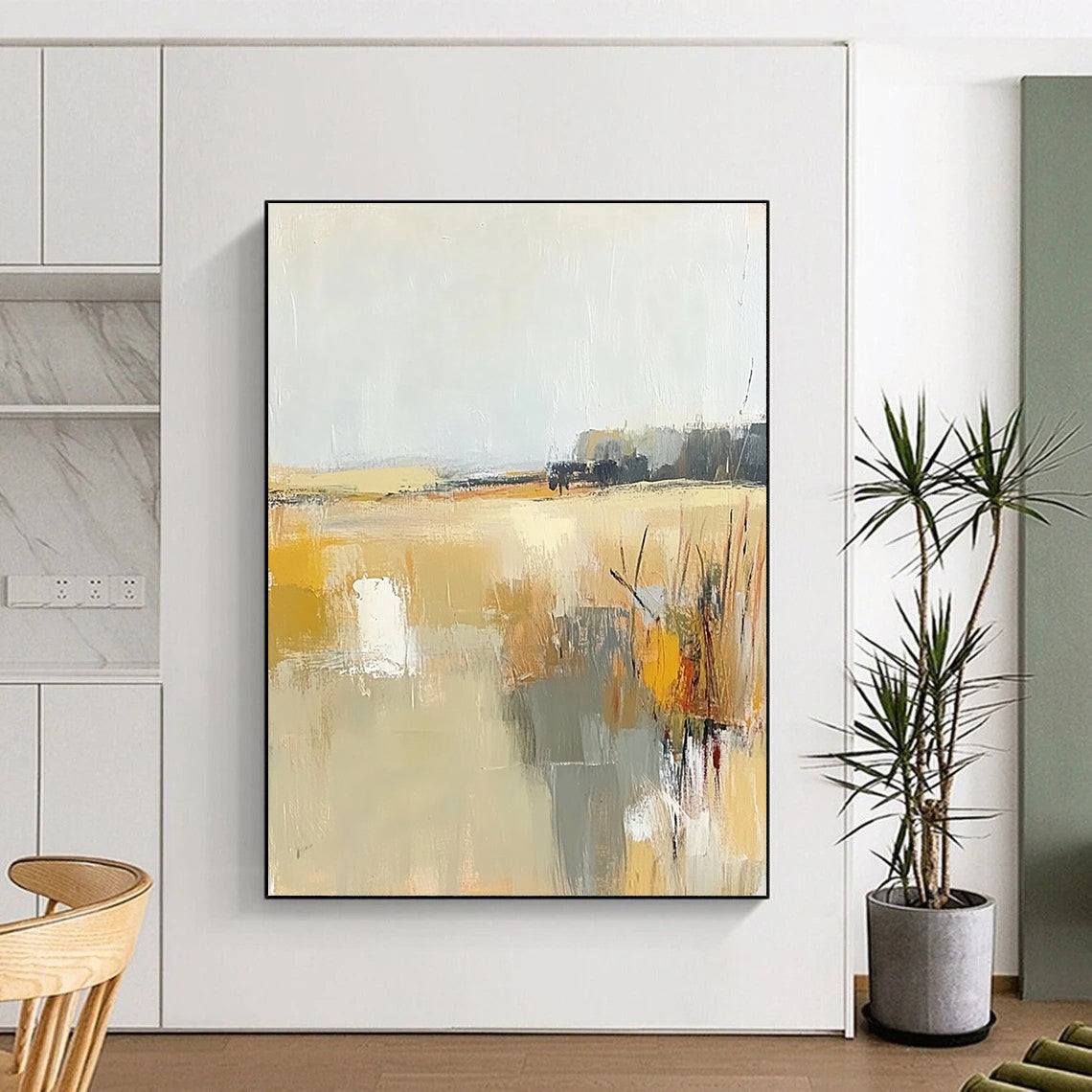 Contemporary abstract painting showcasing soft beige and gray tones with touches of yellow, illustrating the tranquil essence of a field beneath a light sky. DLZ0416