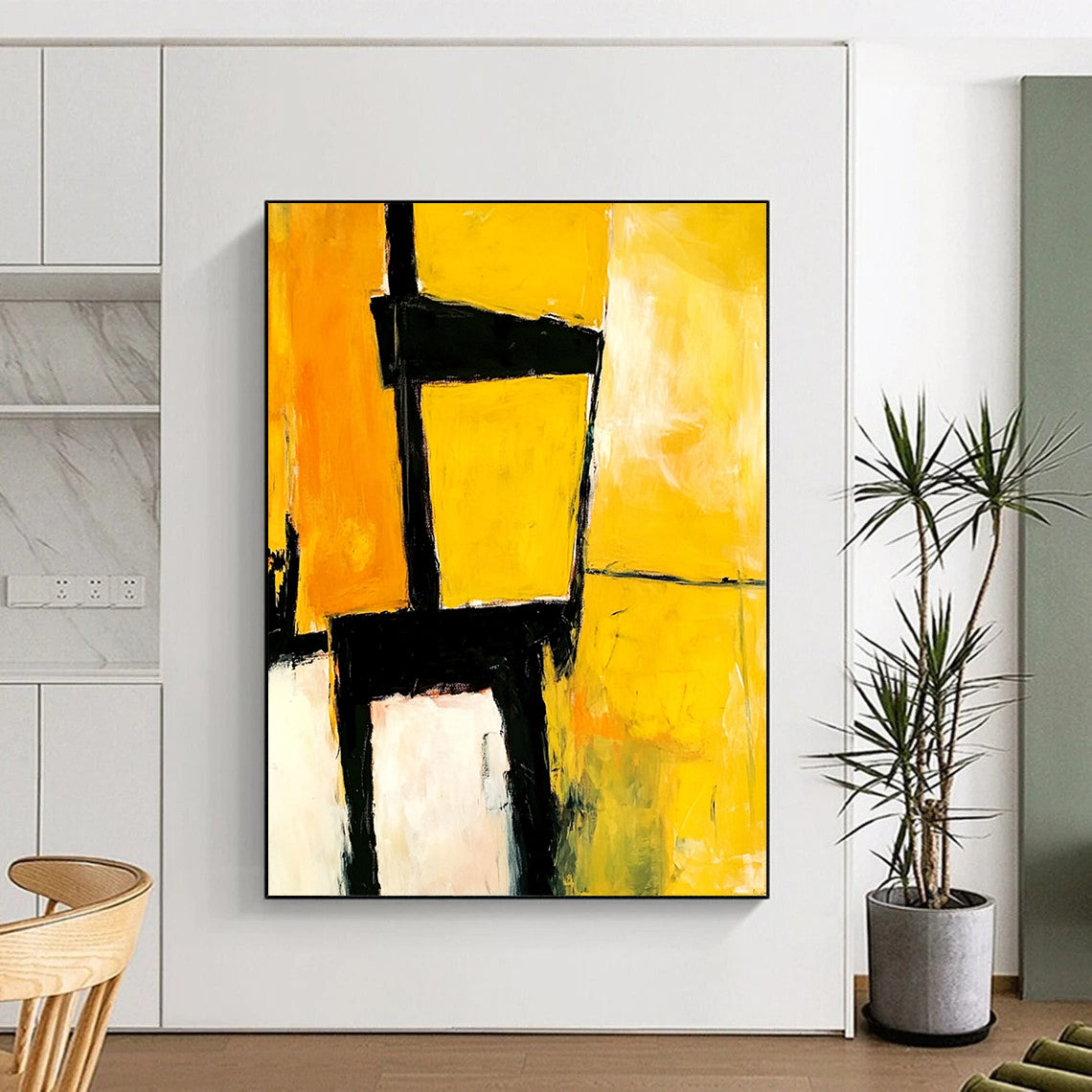 Contemporary abstract artwork showcasing an electrician's chair in vibrant yellow and black shades by Mariling & Jay Mead for a striking visual impact. DLZ0949