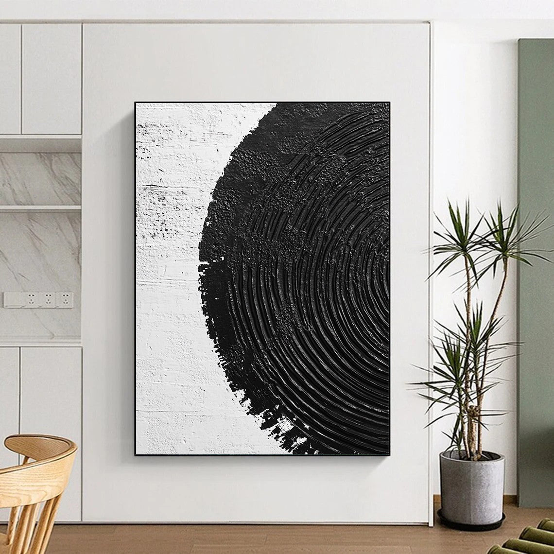 Contemporary abstract painting featuring textured circles and serene ripples, creating a calming visual experience on a pure white backdrop. DLZ1550