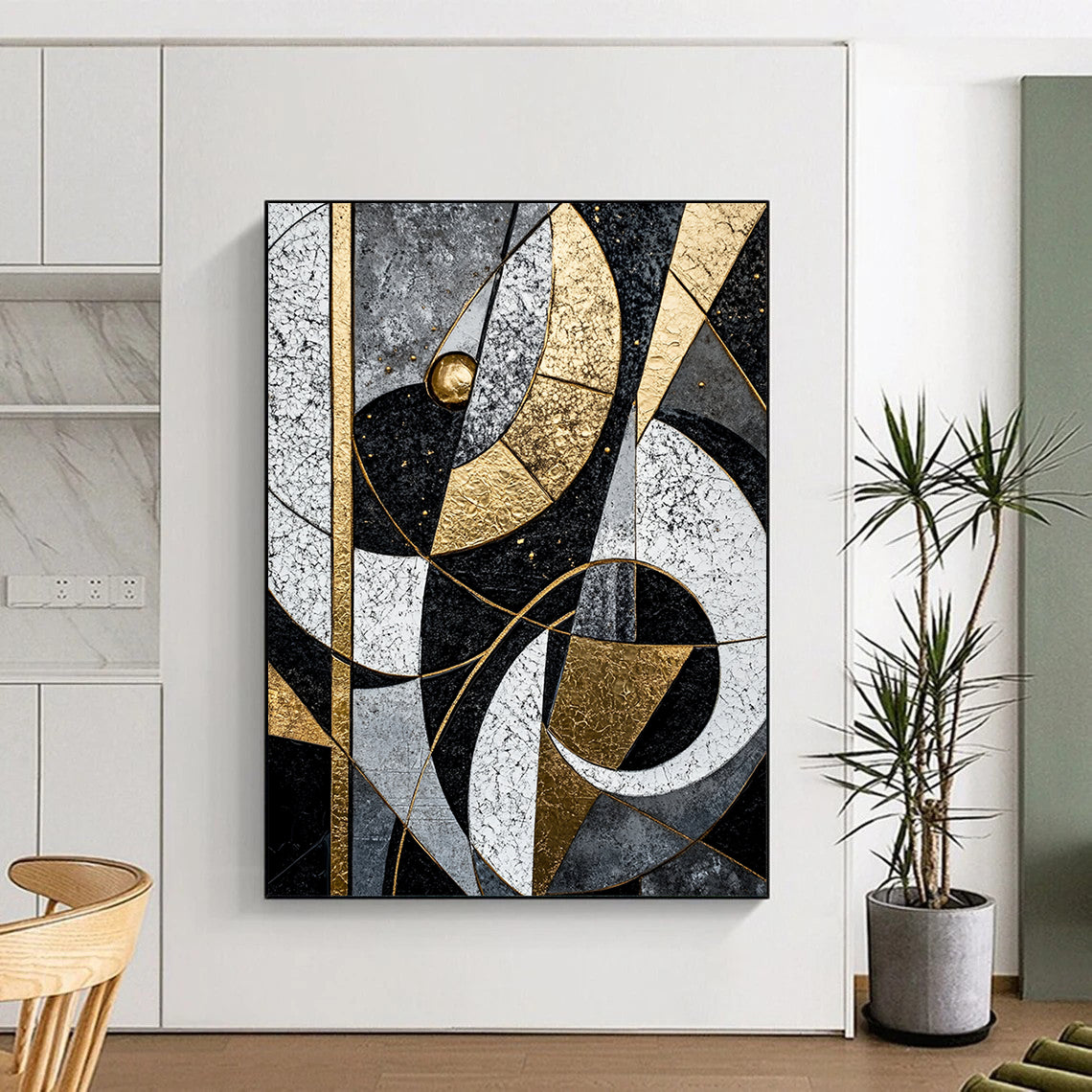 Black, White, Gray, Gold, Interlocking Arcs "Celestial Puzzle" Abstract Cosmic - Inspired Painting On Canvas HB075