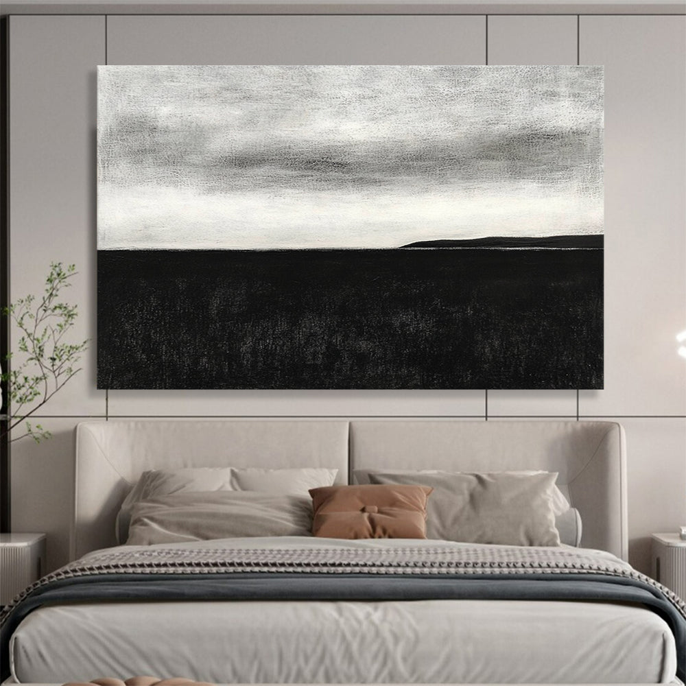 “Monochrome Sea & Sky Horizon” - Black, White, Calm Sea Painting On Canvas HB0797