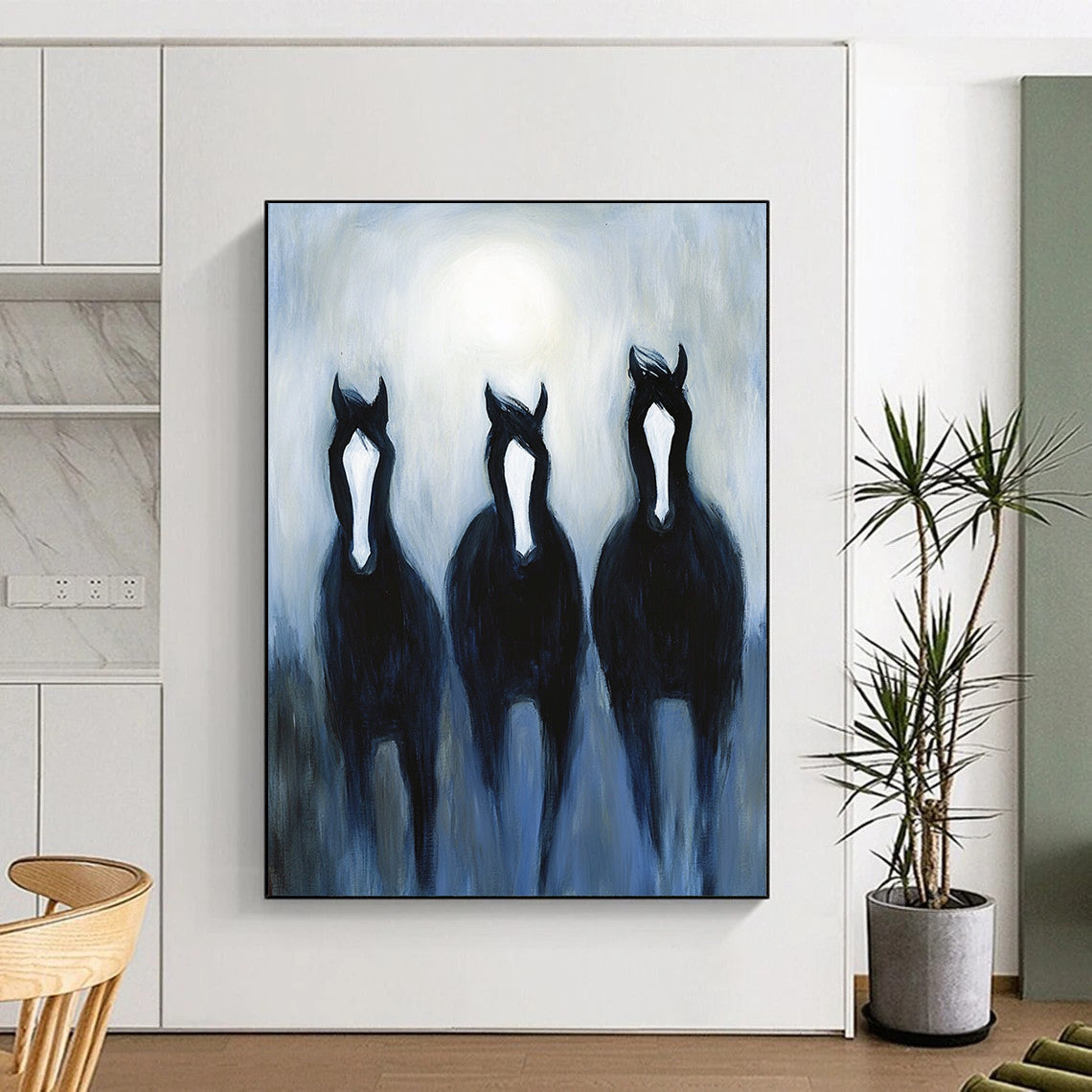 Contemporary hand-painted abstract art features three black horses with white stripes galloping in moonlight against a misty night backdrop. DLZ1713