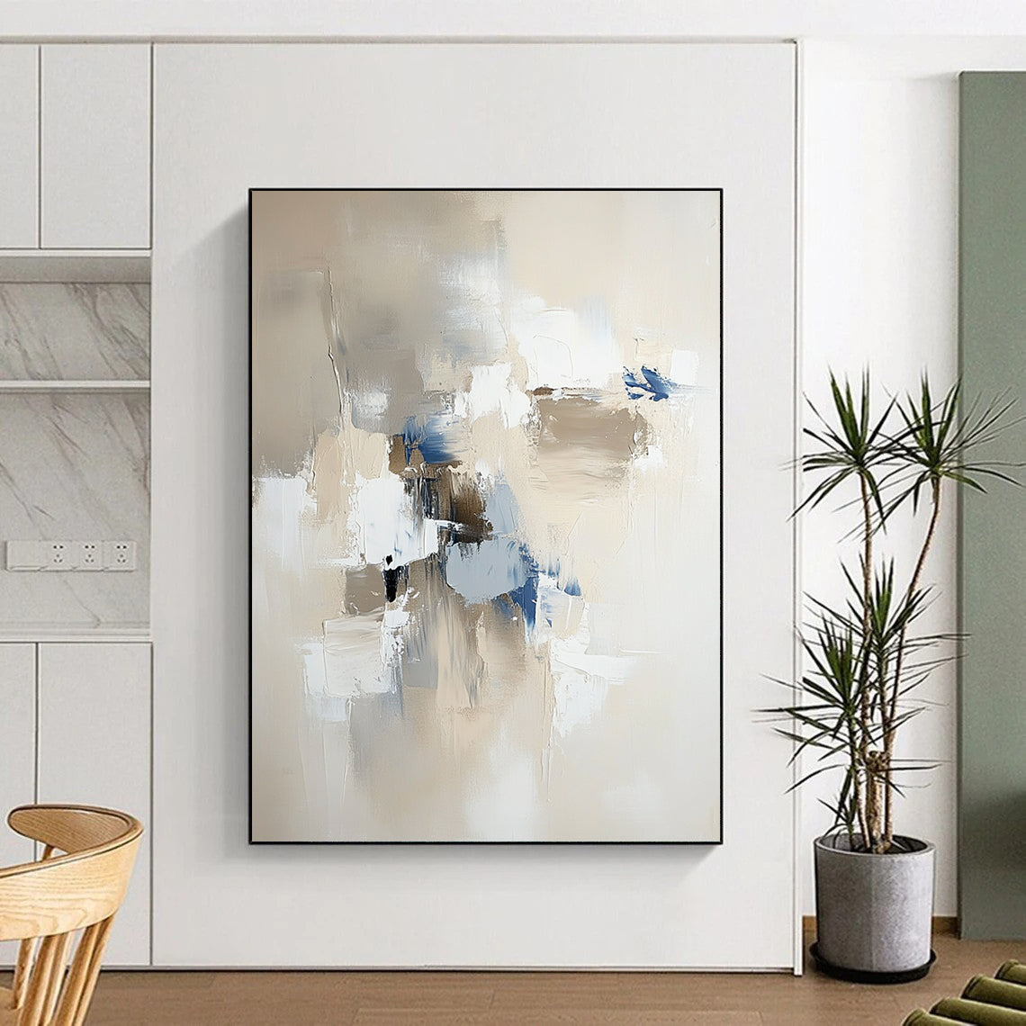 Contemporary abstract painting in neutral tones with blue and gray accents featuring bold brush strokes and soft edges for a modern aesthetic. DLZ0562