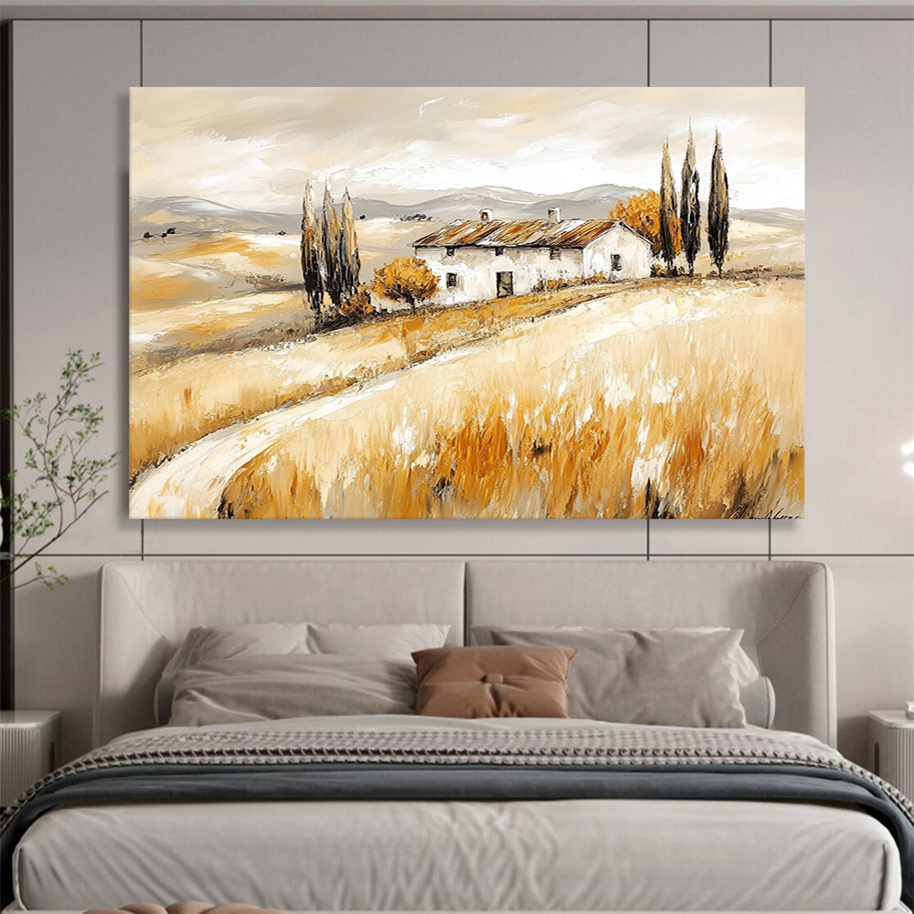 “Tuscan Farmhouse in Golden Fields” - Warm Beiges, Browns, Yellows, Farmhouse in Rolling Fields - Contemporary Oil Painting HB1694