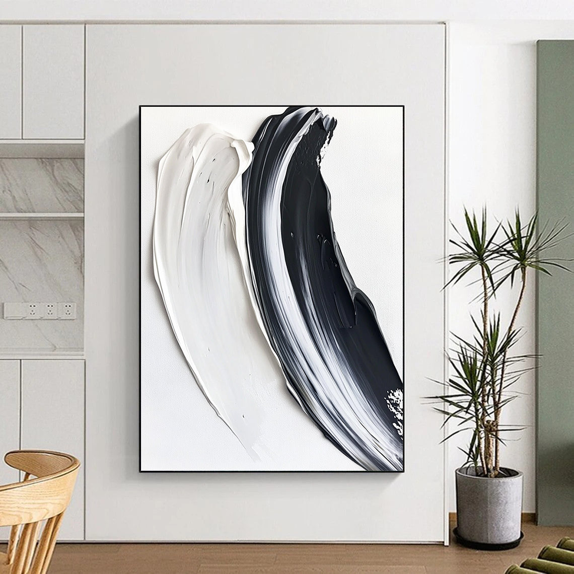 Contemporary hand-painted abstract artwork featuring two textured brushstrokes in black and white against a pure white background, creating a striking visual contrast. DLZ1230
