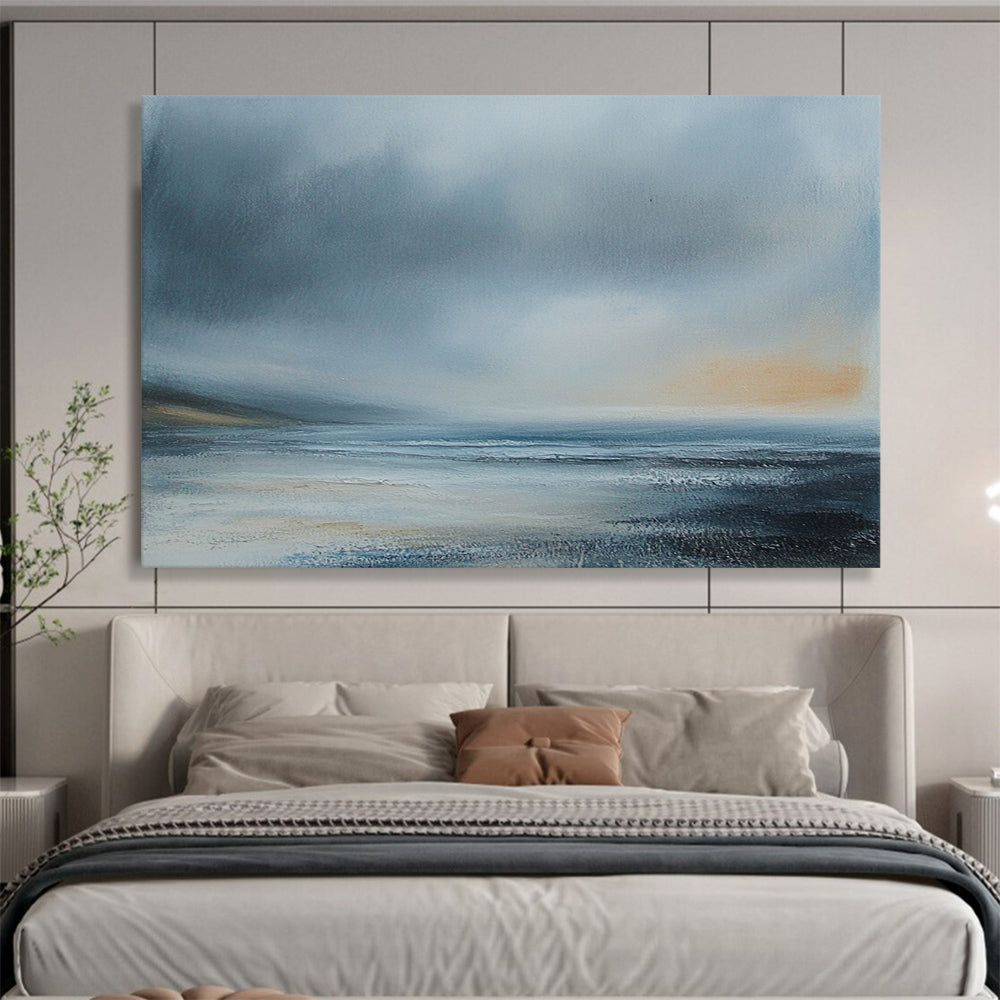 “Misty Coastal Landscape” - Gray, Blue, Subtle Orange, Atmospheric Seascape Painting On Canvas HB1008