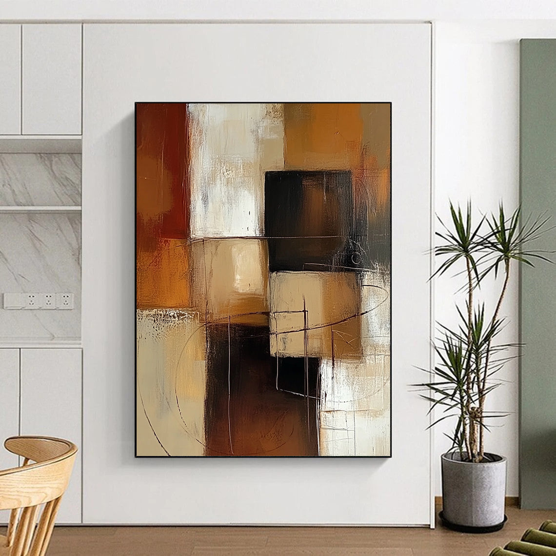Contemporary hand-painted abstract art features warm brown and beige blocks with white accents showcasing visible brush strokes and soft edges. DLZ0978