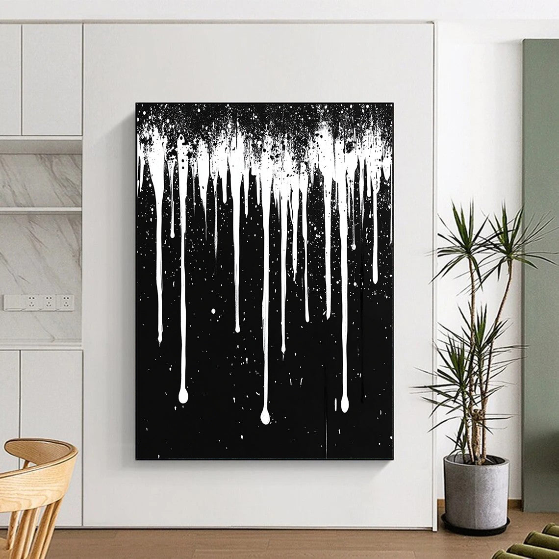White Dripping Paint on Black "Celestial Drip" Painting On Canvas HB306