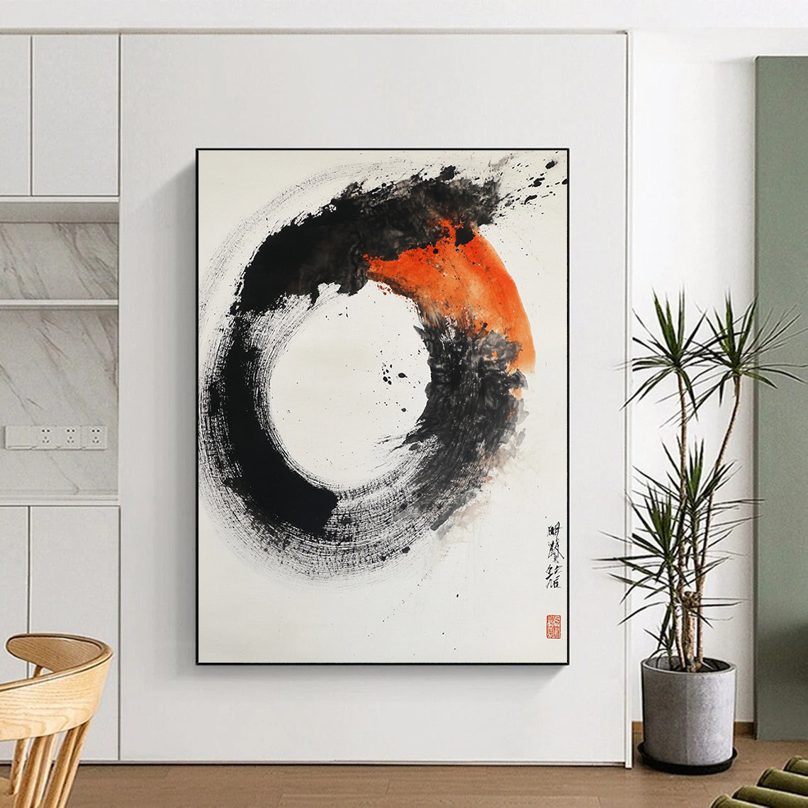 Black, White, Orange, Gray, Textured Circle "Fiery Enso" Abstract Expressionist Painting On Canvas HB106