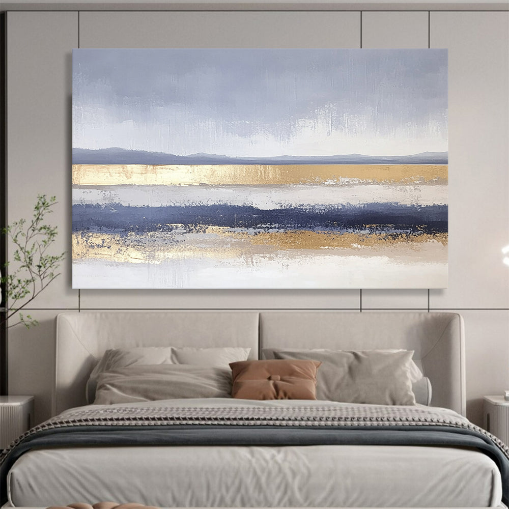 “Gray - Blue Abstract with Gold Bands” - Gray, Blue, Gold, Horizontal Landscape Bands Painting On Canvas HB0852