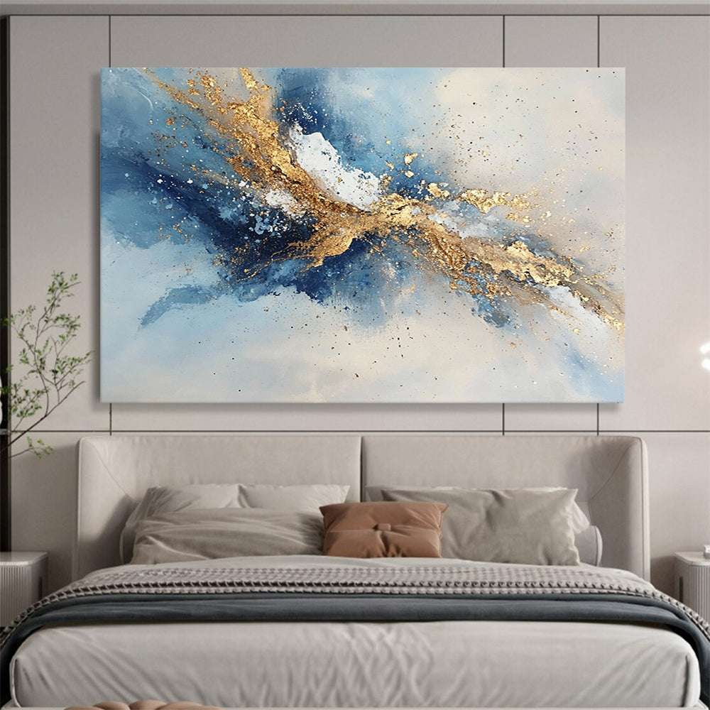 “Dynamic Gold - Blue - Gray Abstract Splash” - Gold, Blue, Gray, White, Energetic Splashes Painting On Canvas HB0824