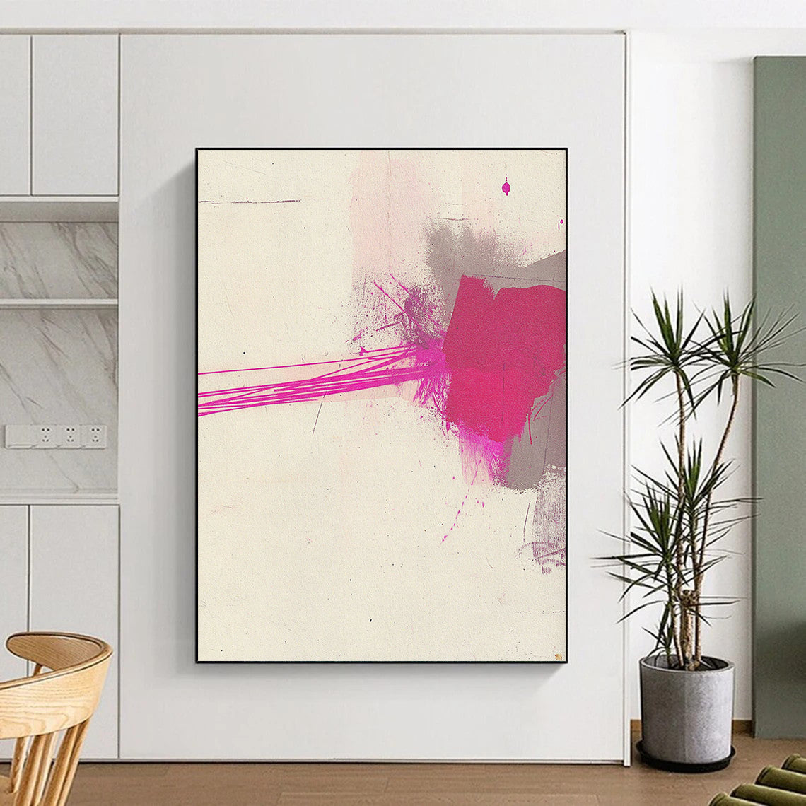 Contemporary hand-painted abstract art features minimalistic brushstrokes with pink and gray ink on textured white paper, highlighted by a thin magenta line. DLZ1519