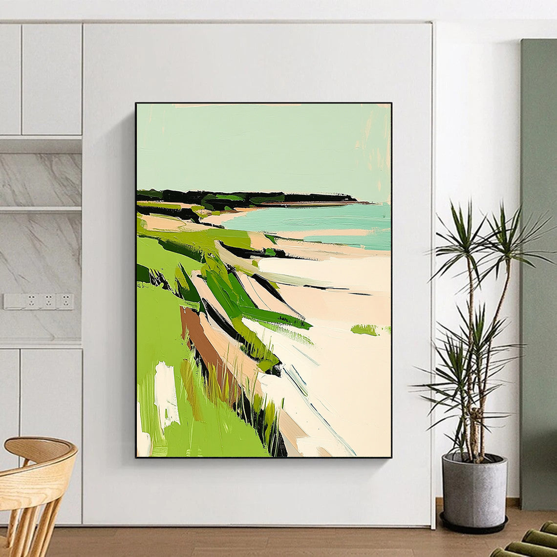Contemporary abstract painting featuring New England coast with vibrant green grasses and serene white sandy beaches. Perfect for any modern space. DLZ0652