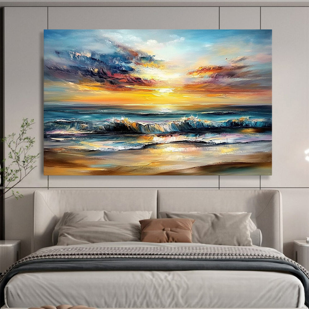 “Fiery Sky Beach” - Reds, Oranges, Blues, Dramatic Beach Sunset - Impasto Oil Painting HB1601