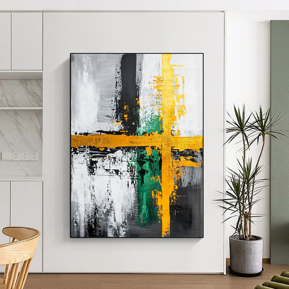 Gray, Black, Gold, Green and White Abstract Cross "Vibrant Crossroads" Painting On Canvas HB350