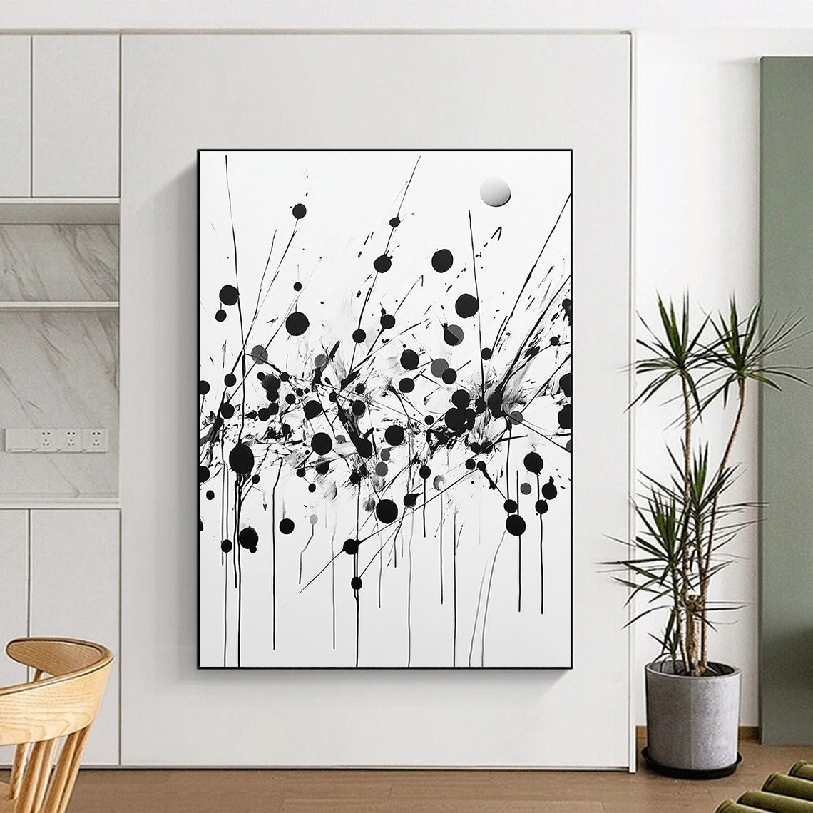Black Dots, Lines & Splatters on White - “Dynamic Ink Chaos” Painting On Canvas HB224