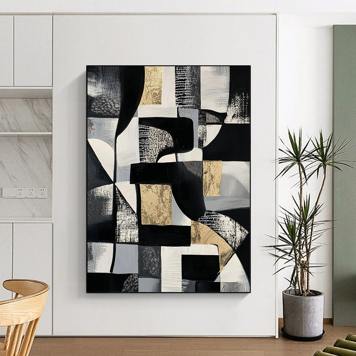 Black, White, Gray and Gold Abstract Composition "Monochrome Luxury" Painting On Canvas HB340