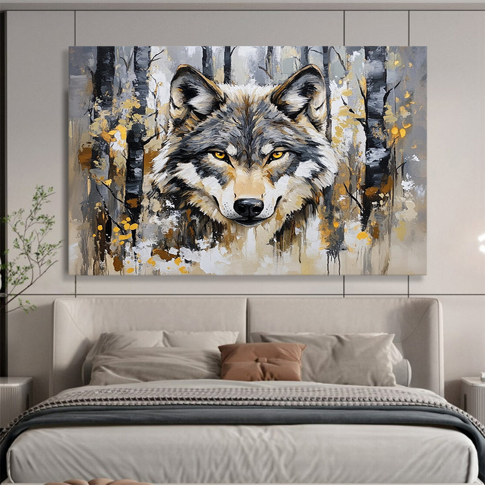 “Wolf in Forest” - Gray, brown, yellow, Realistic Animal Painting HB0636