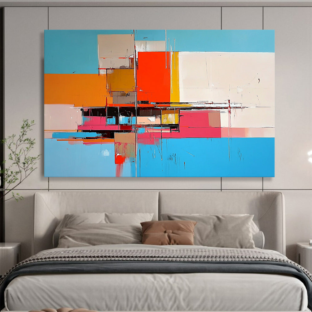 “Geometric Color Blocks” - Blue, Orange, Pink, Abstract Cubist - inspired Painting On Canvas HB1101