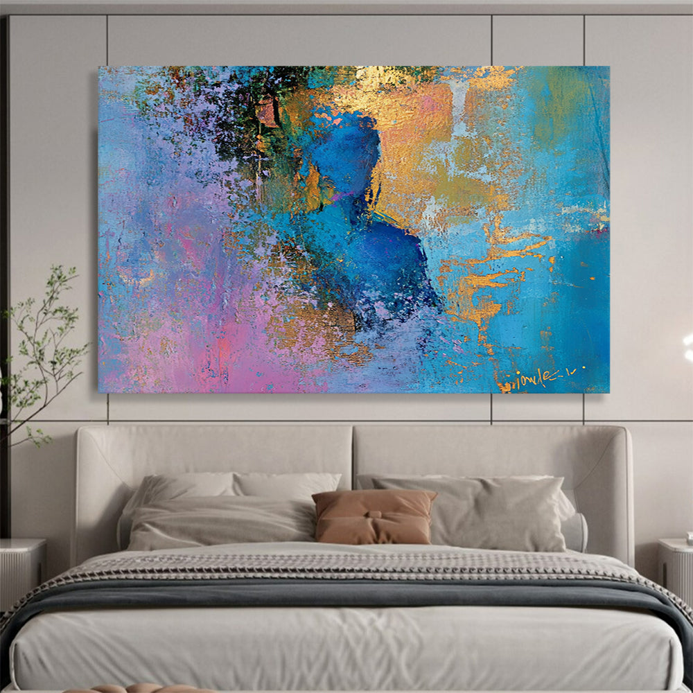 “Ethereal Blue Figure” - Blue, Purple, Gold, Abstract Portrait Painting On Canvas HB0999