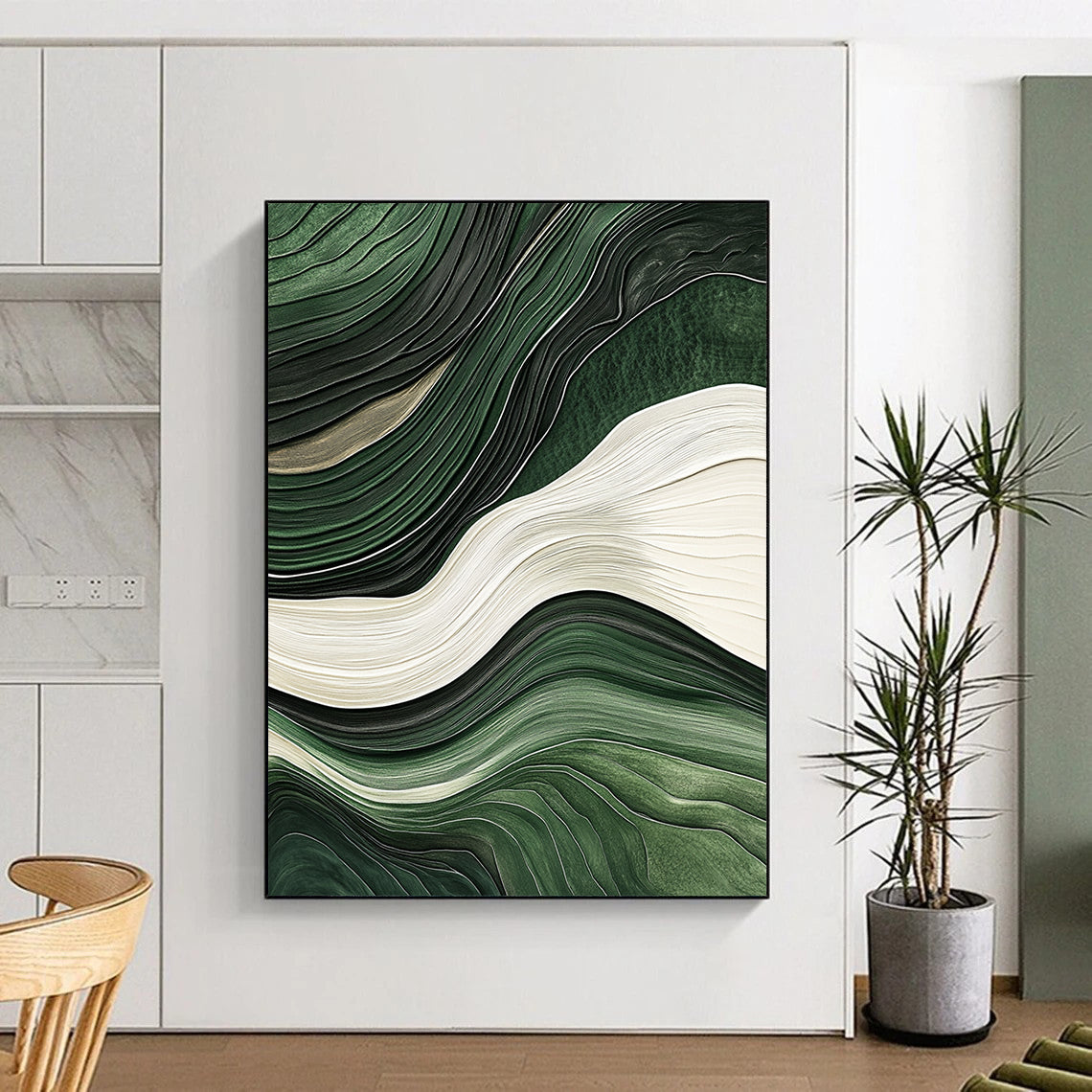 Contemporary hand-painted abstract art with flowing green and white lines, jade texture, and relief effect on a dark background, showcasing elegance and cultural heritage. DLZ0277