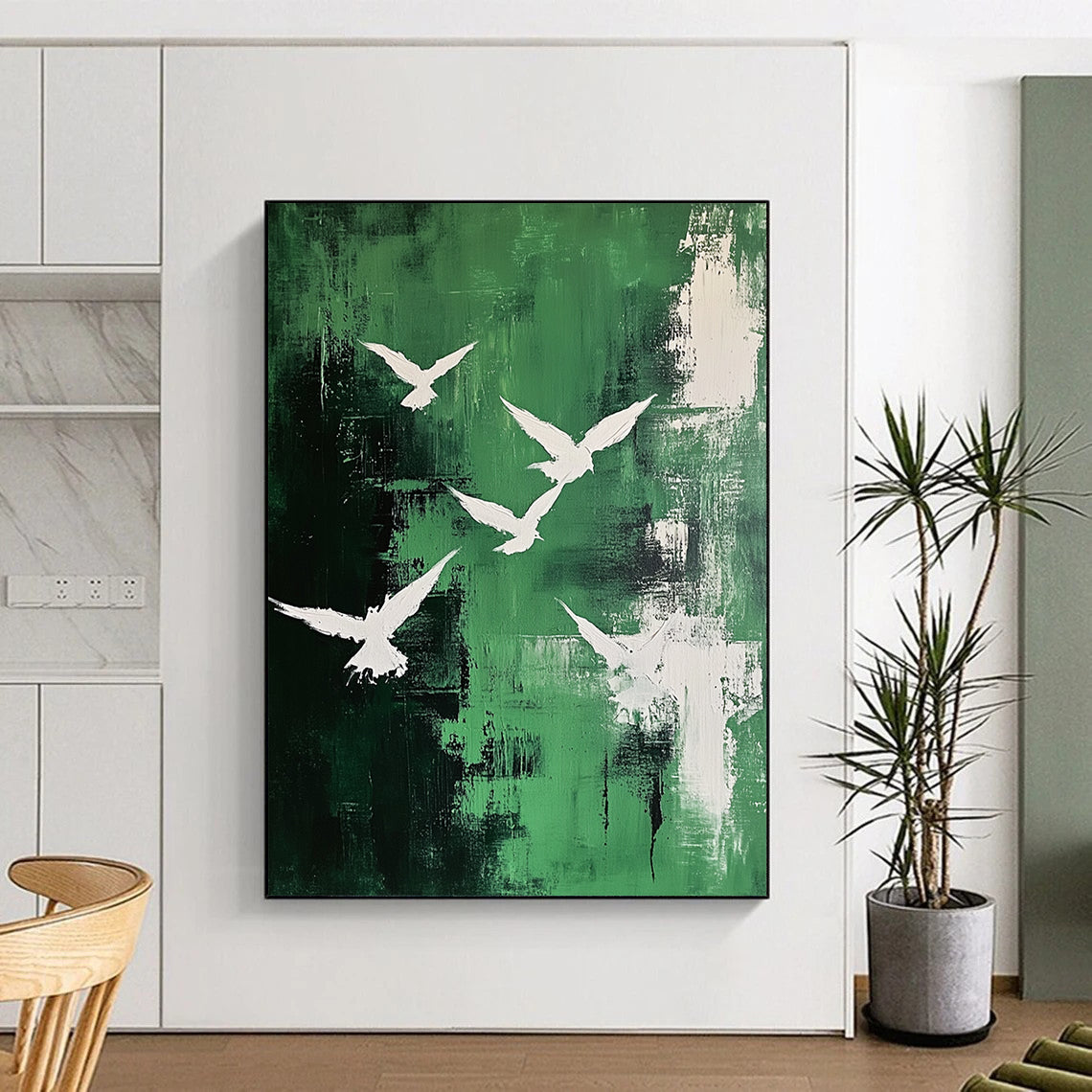 Contemporary abstract painting featuring white birds in an emerald sky with dynamic brushstrokes and textured expressions on canvas. DLZ0669