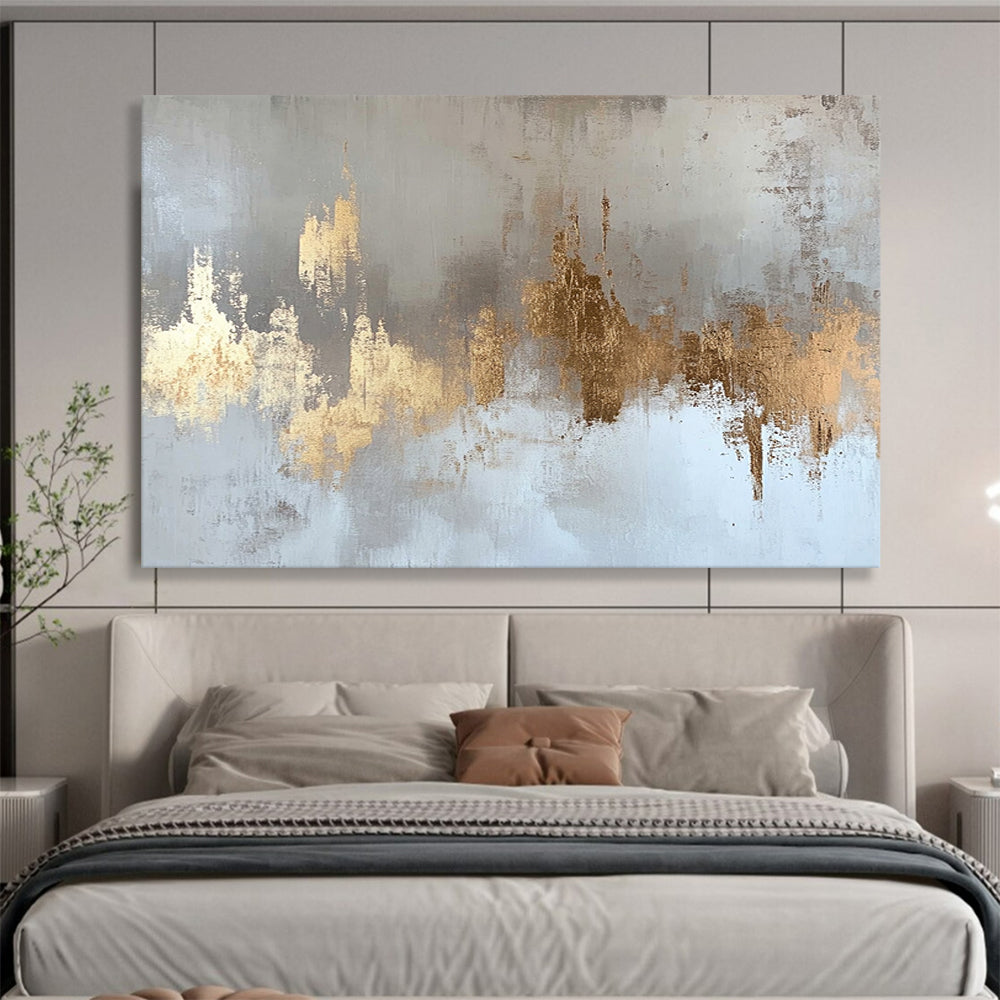 “Gold Accents on Gray White” - Gold, Gray, White, Textured Forms - Painting On Canvas HB1418