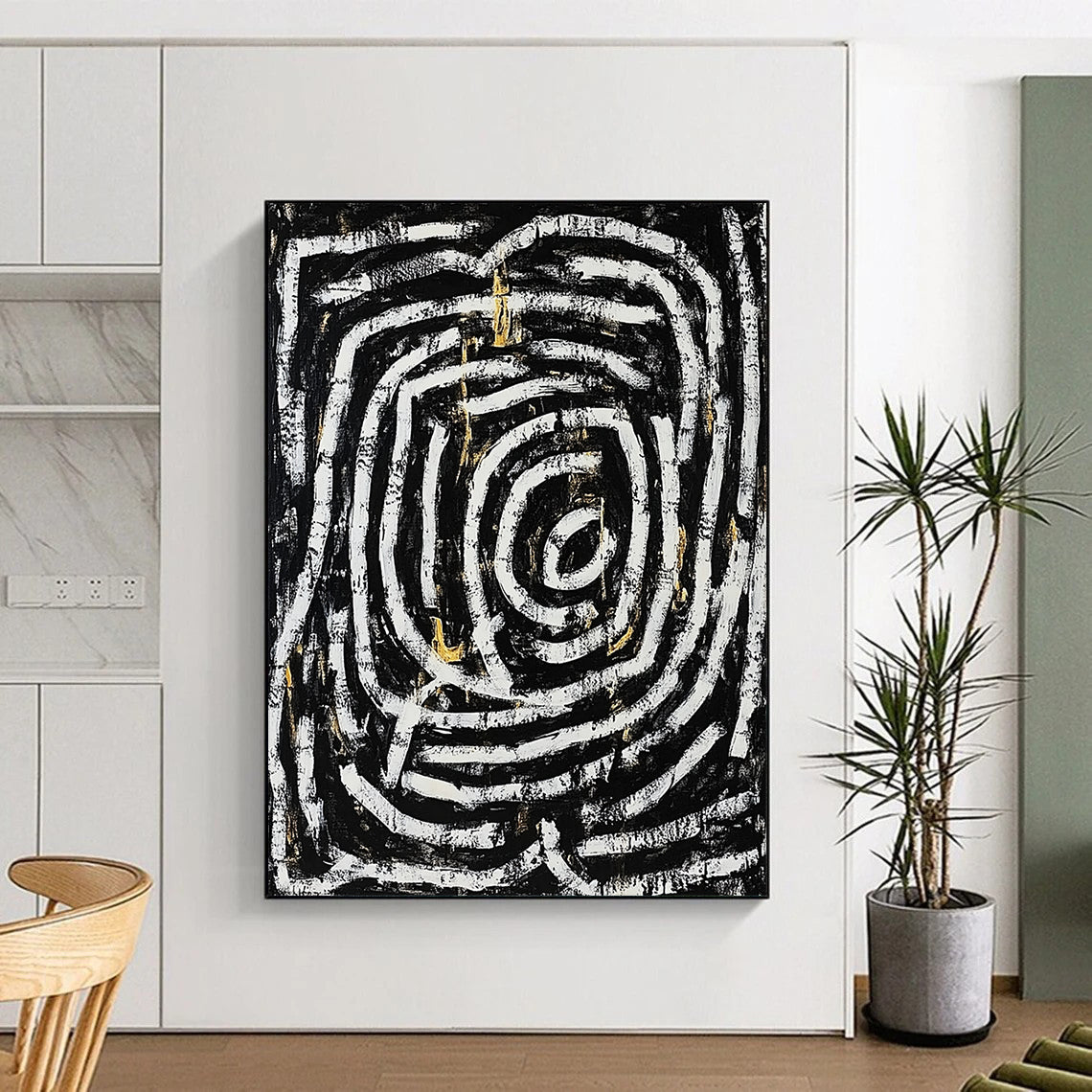 Black, White, Gold and Gray Spiral Maze "Endless Journey" Painting On Canvas HB344