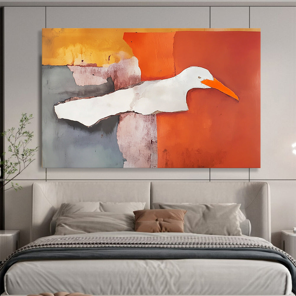 “Collage Bird” - Orange, gray, purple, white; Abstract bird collage; Mixed Media Painting On Canvas HB1209