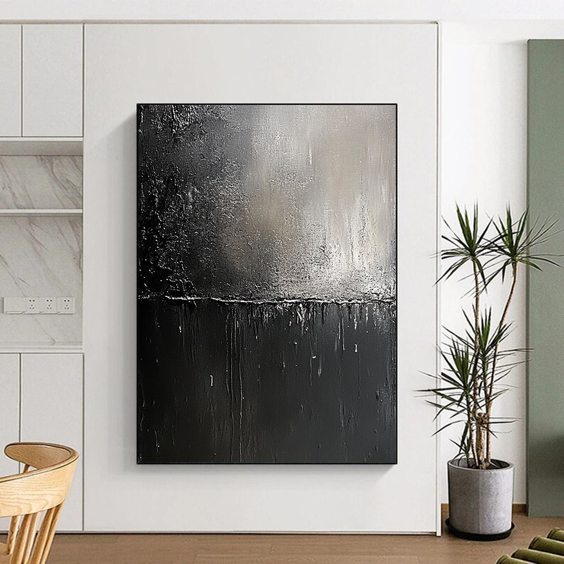 Contemporary abstract painting featuring black and gray metallic textures with visible brush strokes and a hint of light symbolizing hope and renewal. DLZ0319