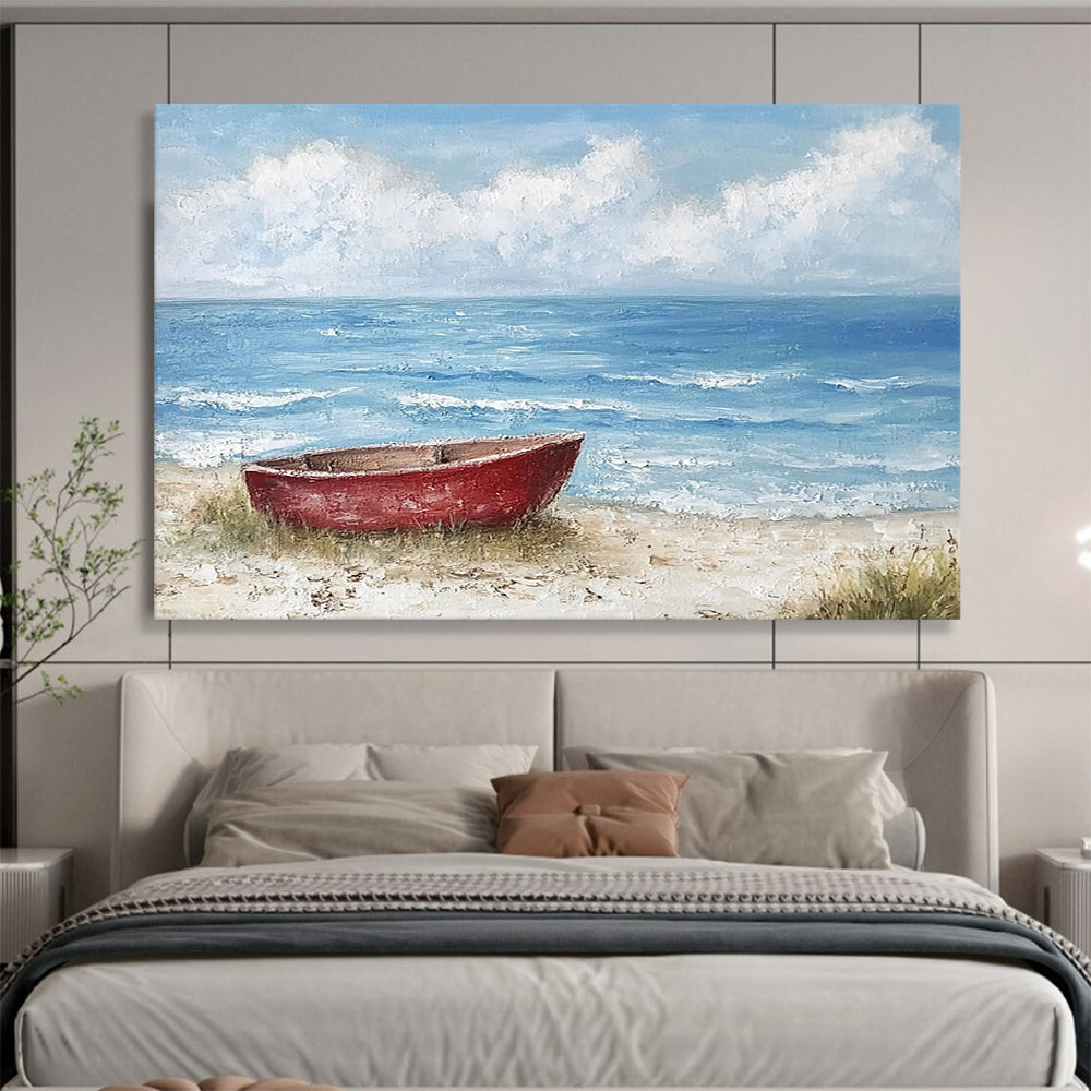 “Red Boat on Calm Beach” - Blue, Red, Beige, Boat on Sandy Shore - Textured Acrylic Painting HB1697