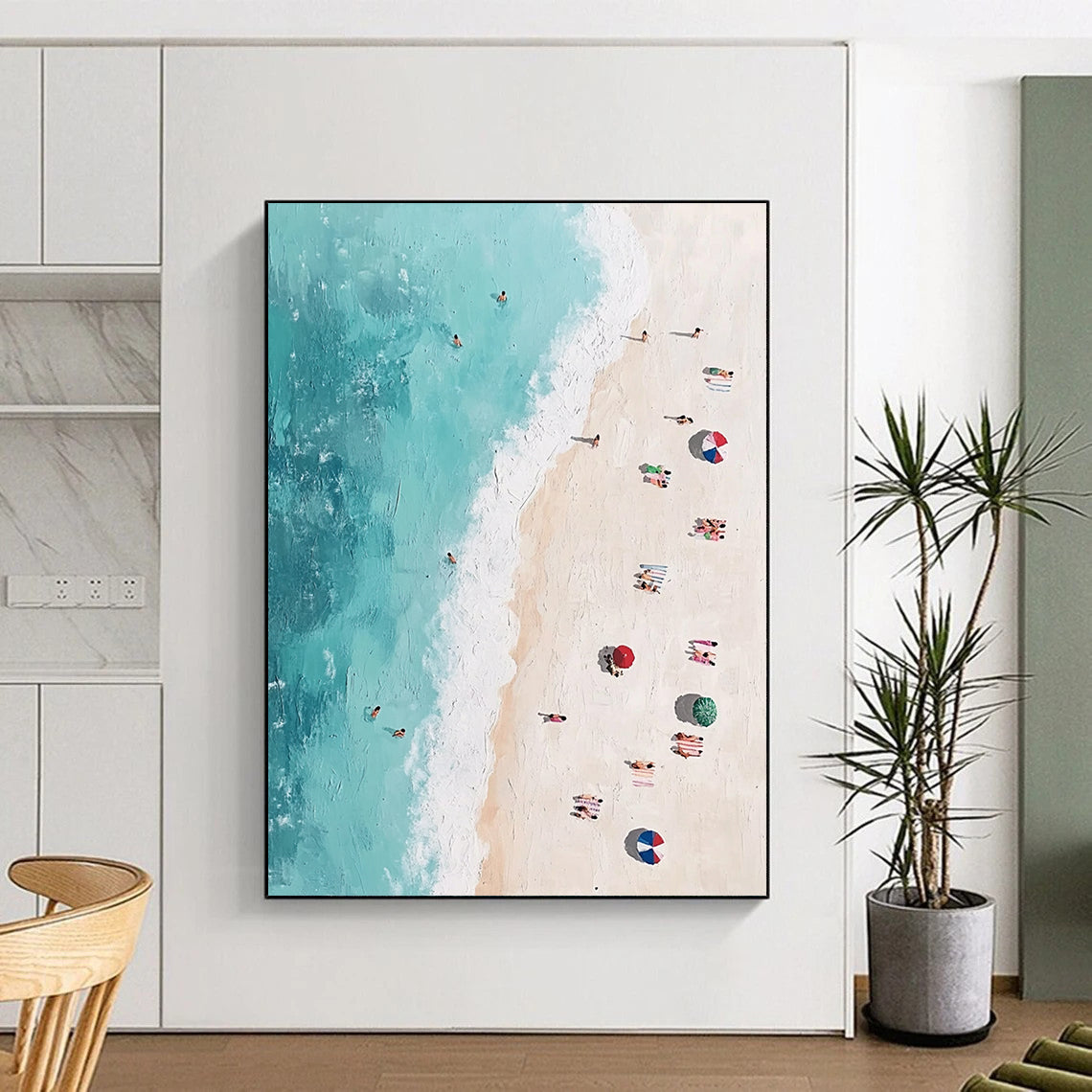 Contemporary abstract painting featuring an aerial beach view with vibrant figures soft brush strokes and pastel tones inspired by Jean-Michel Basquiat. DLZ1402
