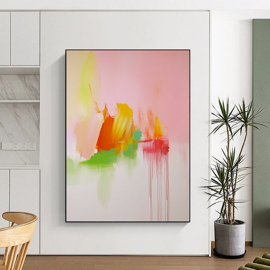 Contemporary hand-painted abstract art featuring soft pink green and orange tones inspired by Cy Twombly's dynamic style. DLZ1703