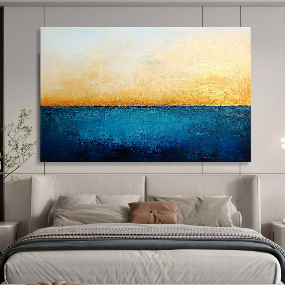 “Golden Horizon” - Blue, Gold, White, Minimalist Abstract Seascape Painting On Canvas HB1067