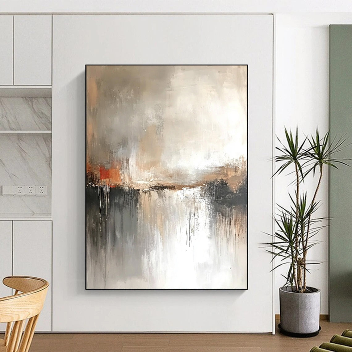 Contemporary abstract painting with muted colors, gray tones, and atmospheric effect, inspired by J.M.W. Turner’s expressive landscapes. DLZ0406