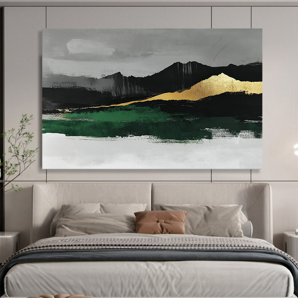 “Gold - Mountain Landscape with Green” - Gold, Green, Black, Gray, Mountain Shapes Painting On Canvas HB0808