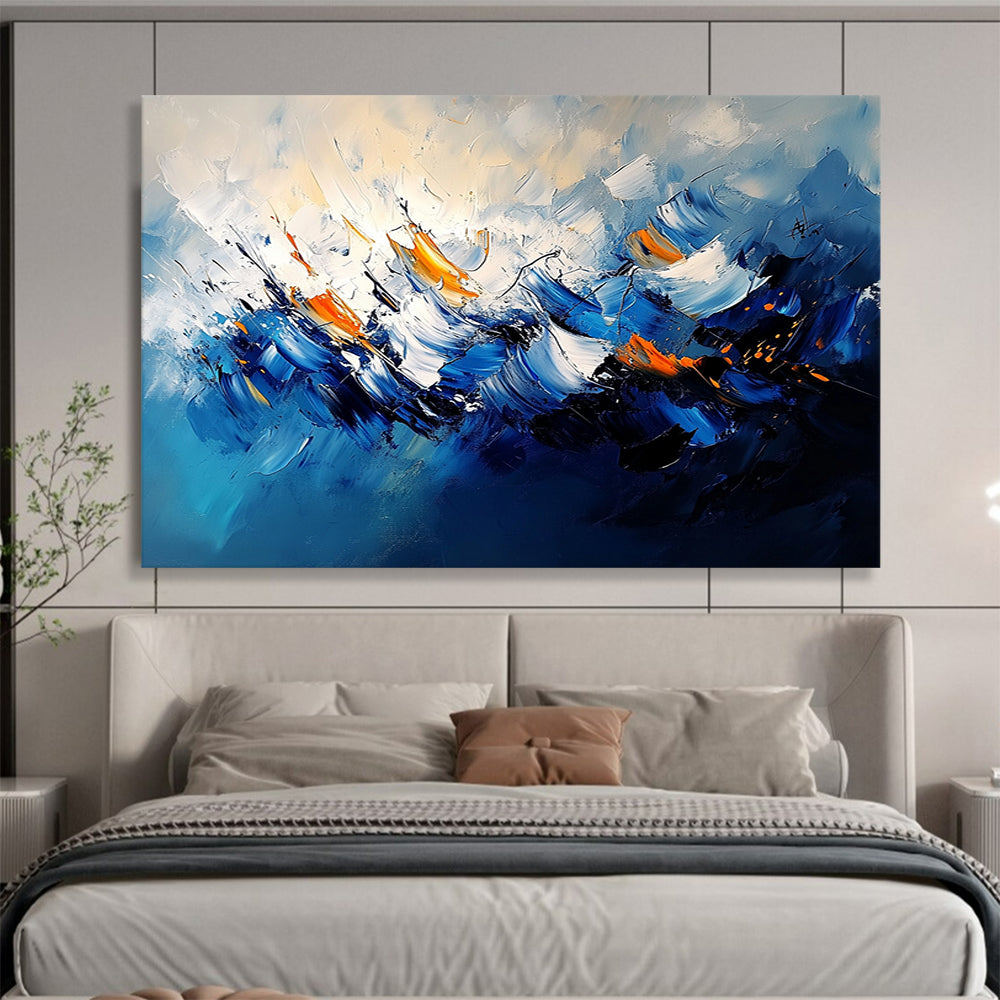 “Blue - Orange Abstract Wave Motion” - Blue, Orange, White, Dynamic Wave Shapes Painting On Canvas HB0830