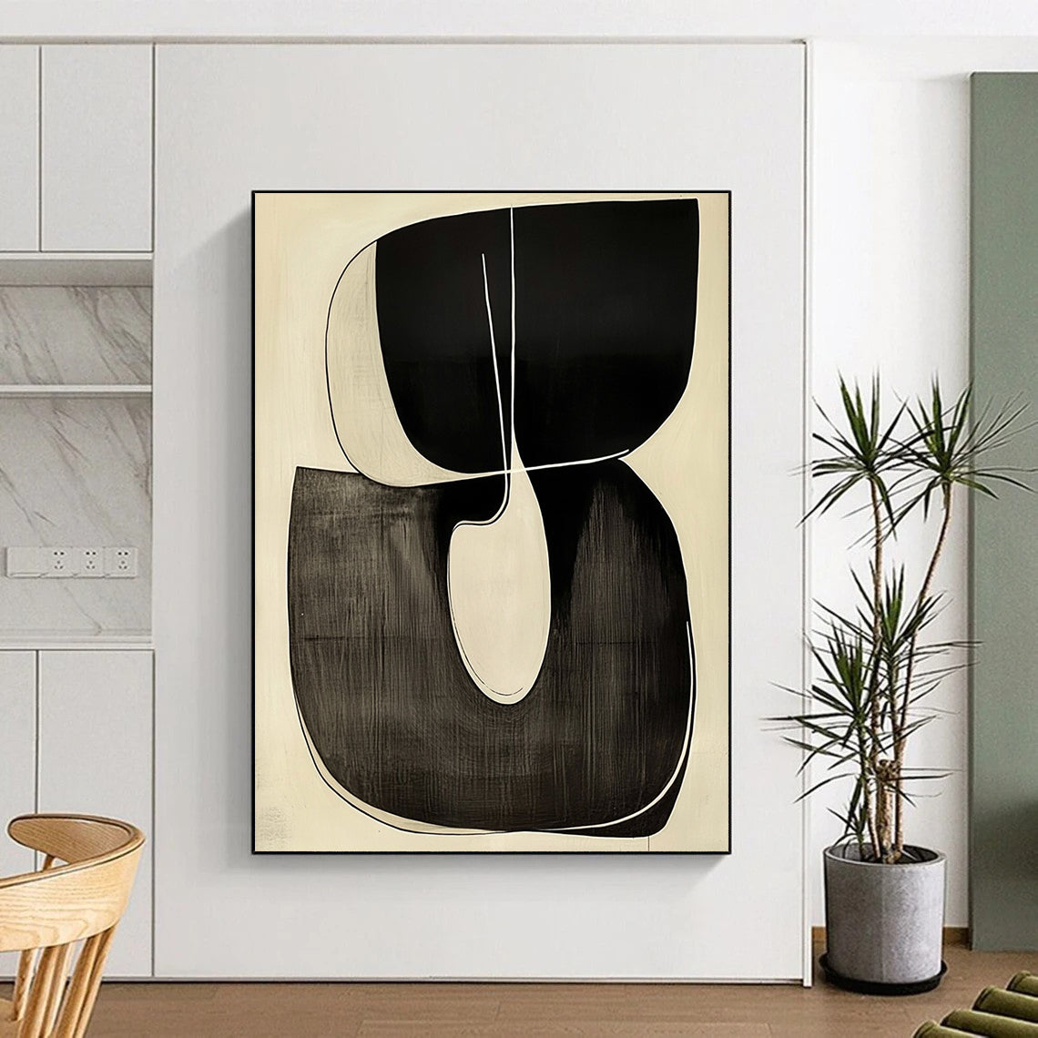 Contemporary hand-painted abstract art featuring a looping R shape outlined in white against a minimalist black and white background. DLZ1341