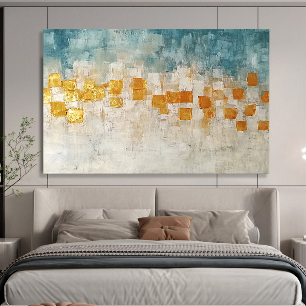 “Golden Squares” - Blue, Gold, White, Abstract Geometric Squares Painting On Canvas HB1048