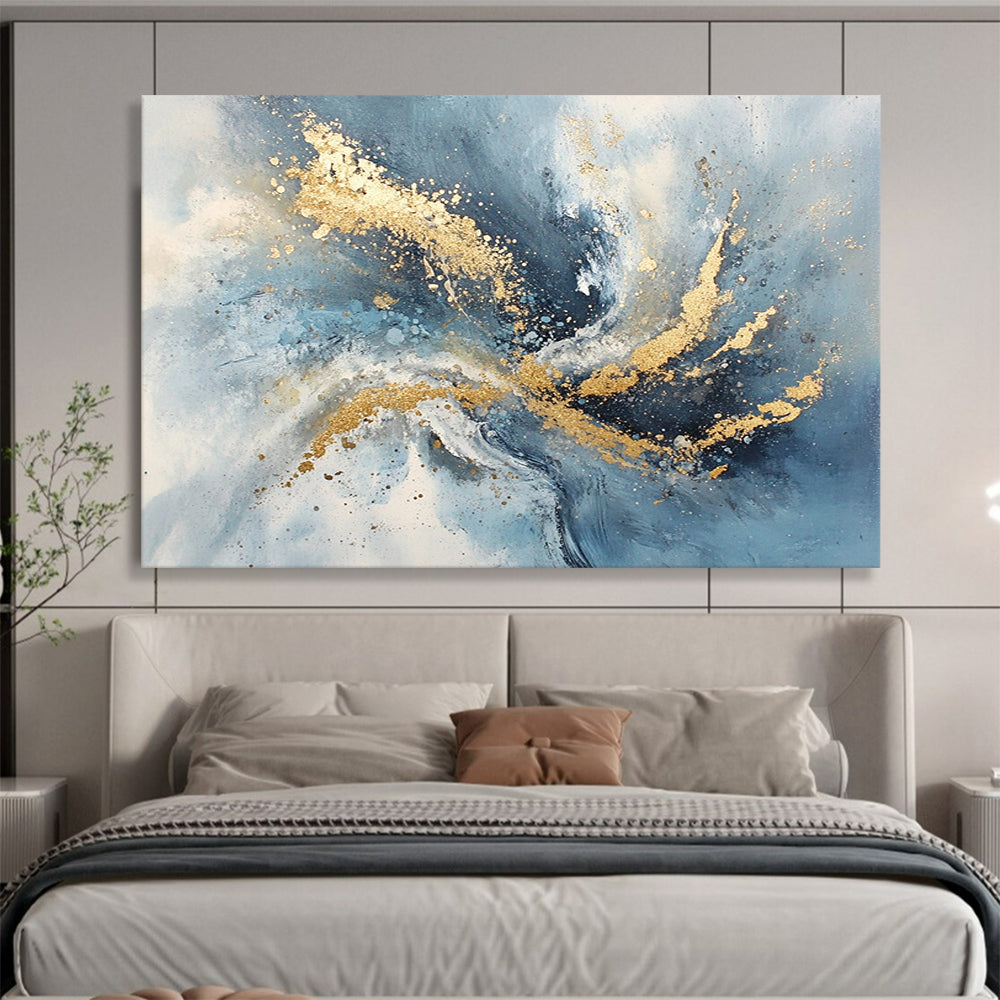 “Blue - Gray Abstract with Gold Splashes” - Blue, Gray, Gold, Dynamic Splashes Painting On Canvas HB0826