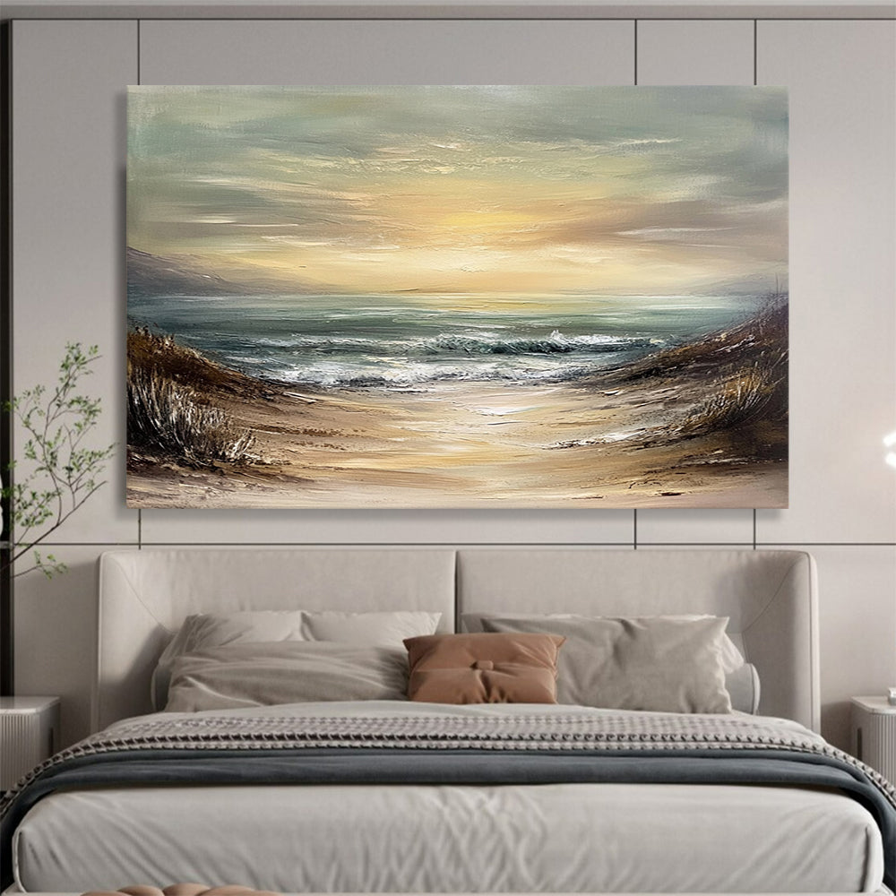 “Muted Beach Path” - Beige, Green, Blue, Sandy Path to the Sea - Textured Oil Painting HB1703