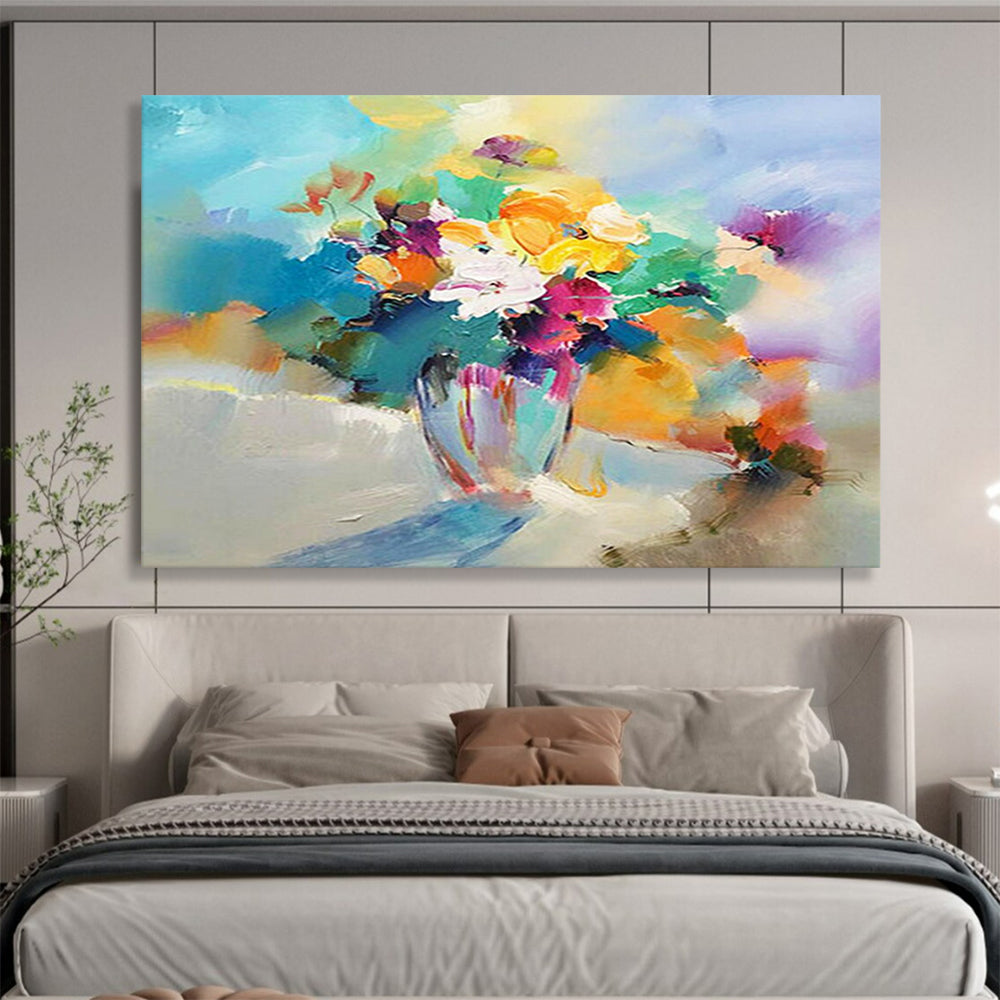 Colorful Flower Vase Oil Painting - Vibrant Living Room or Dining Room Art DLZ191