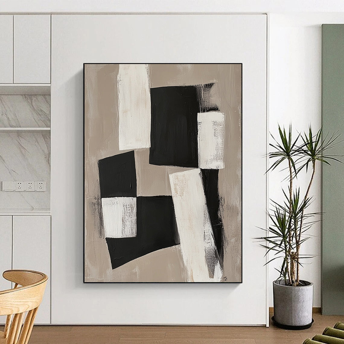 Large contemporary abstract painting featuring black and white organic blocks on a beige background connected by delicate lines for a unified minimalist design. DLZ1026