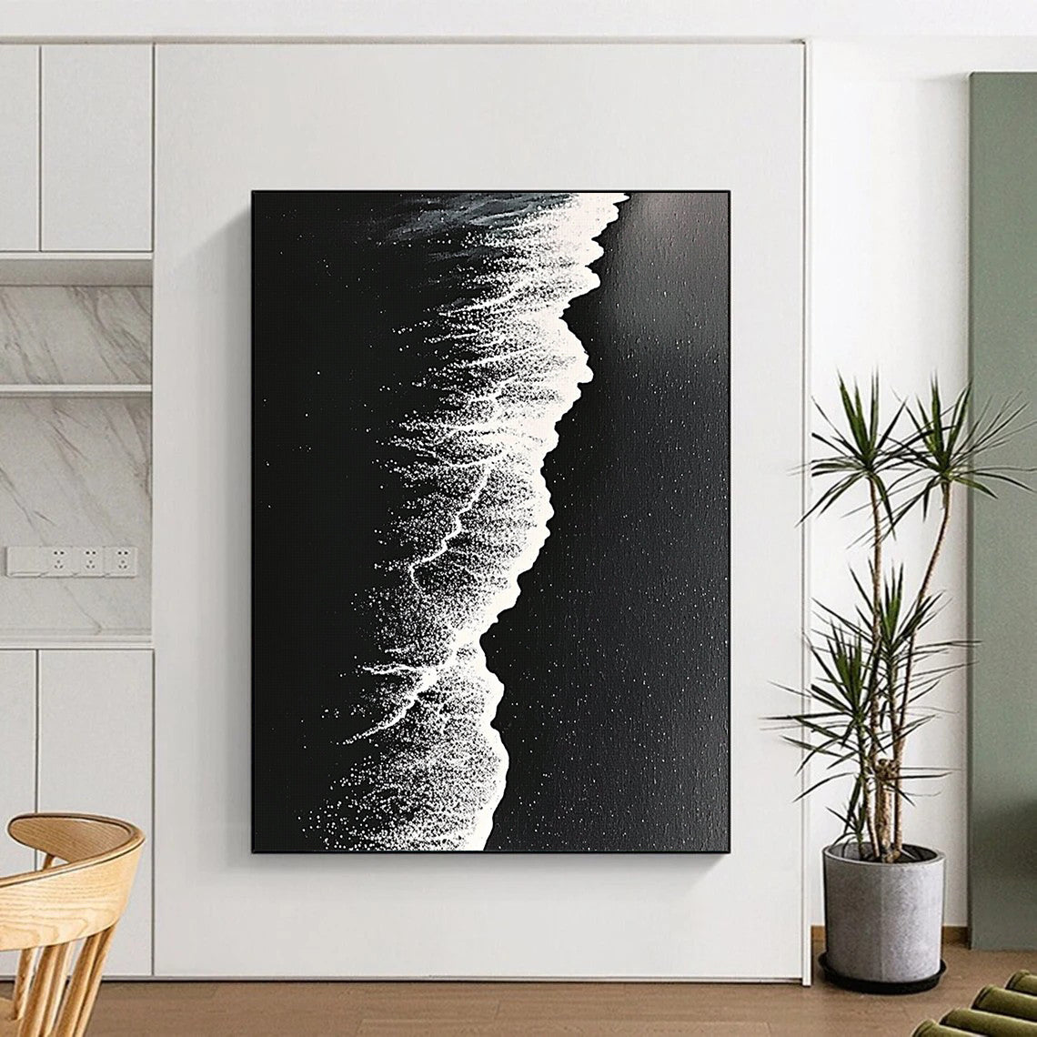 Contemporary abstract artwork capturing high-contrast monochrome beach waves on dark sand with intricate details and surrealistic perspective. DLZ0841