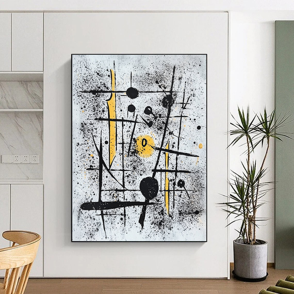 Black, White & Yellow Spattered Lines - “Chaotic Energetic Scribbles” Painting On Canvas HB205