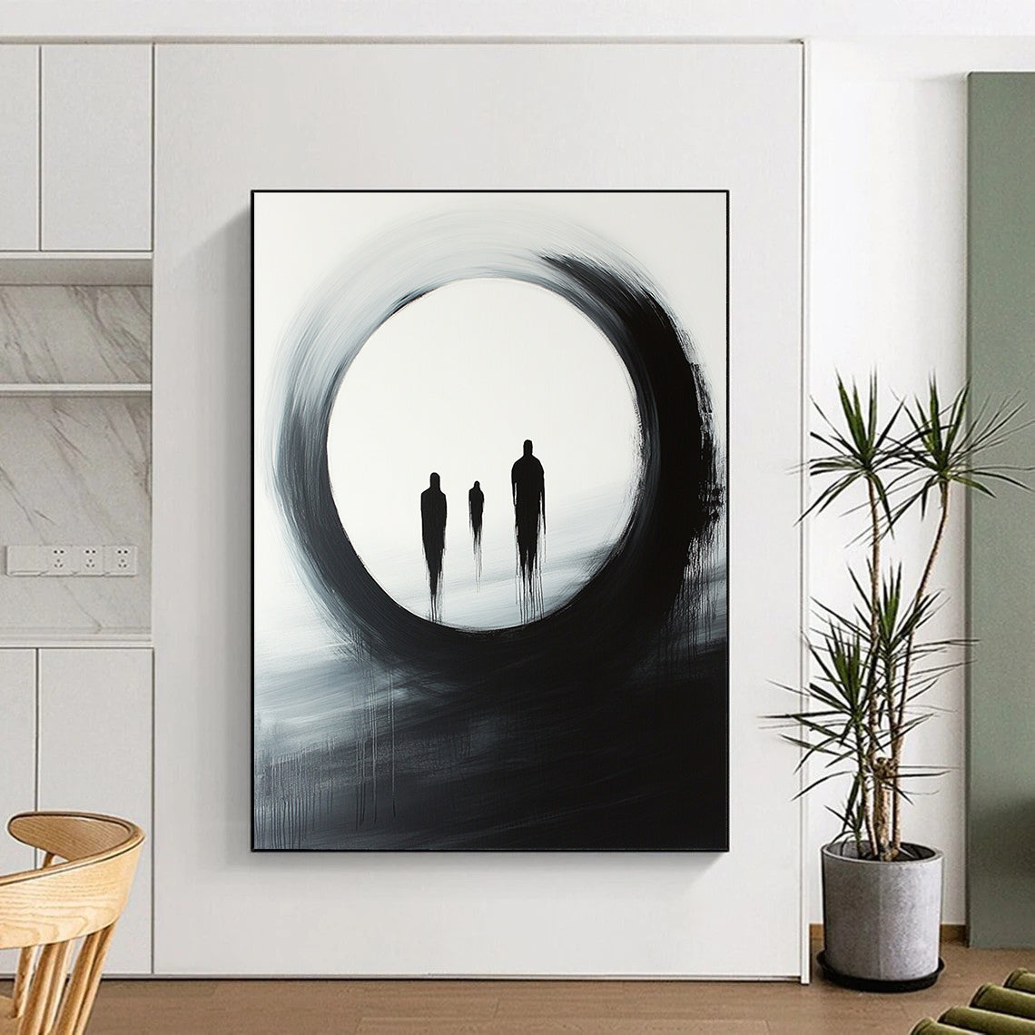 Black, White, Gray, Silhouetted Figures "Gilded Void" Abstract Surrealist Painting On Canvas HB145